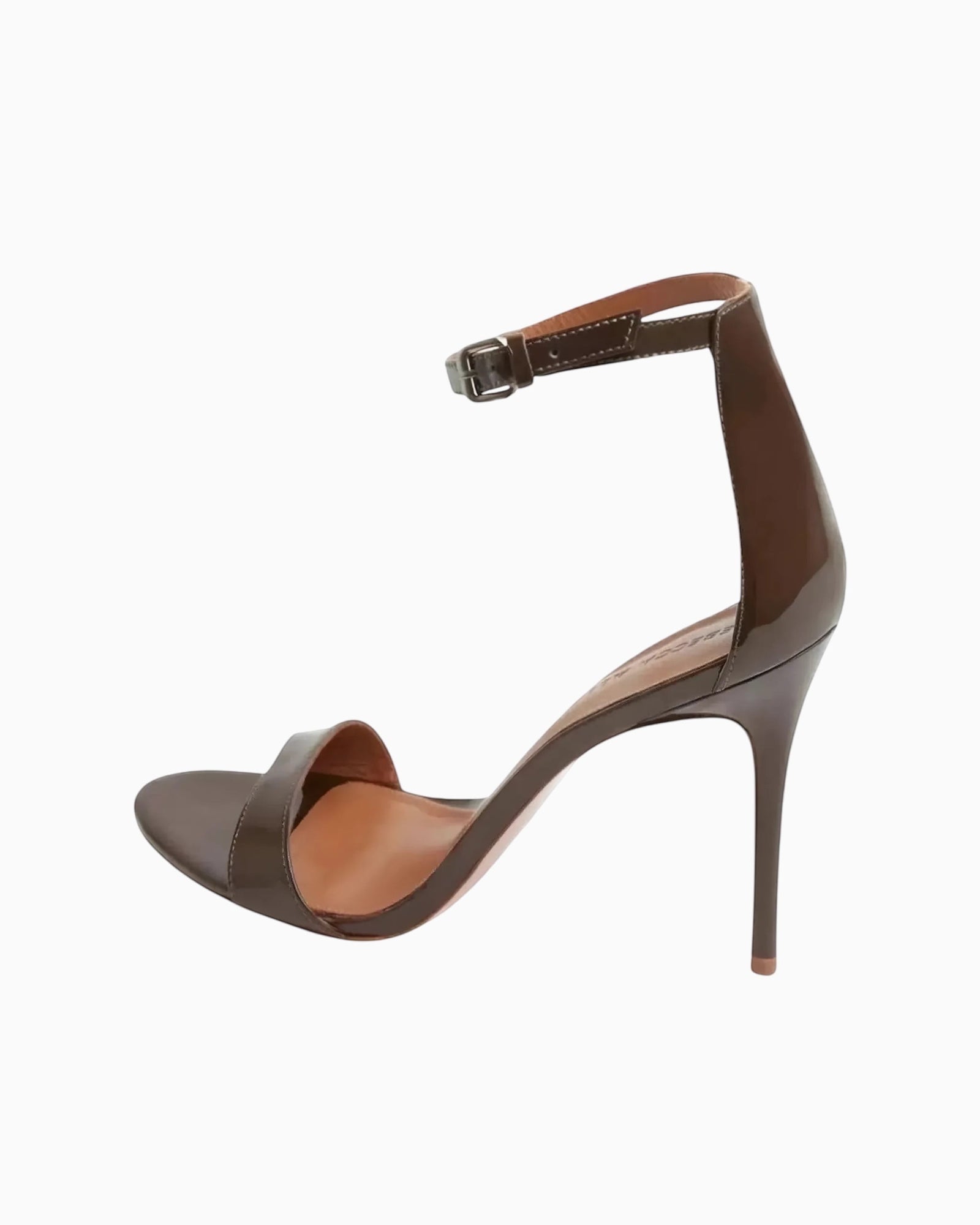 Queen Anna House of Fashion REBECCA ALLEN dark brown leather two-strap heeled sandal with a 3-inch tapered heel and ankle strap.