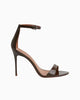Queen Anna House of Fashion REBECCA ALLEN Two Strap Heeled Sandal in dark brown leather with a 3-inch tapered heel and ankle strap.