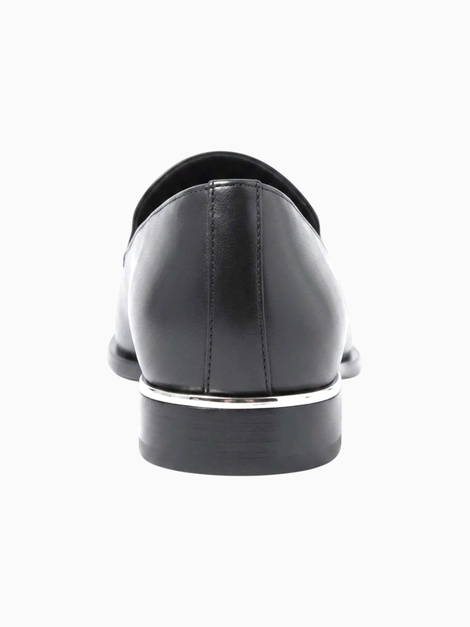 Queen Anna House of Fashion black leather loafers with silver trim detail on heel and structured toe.