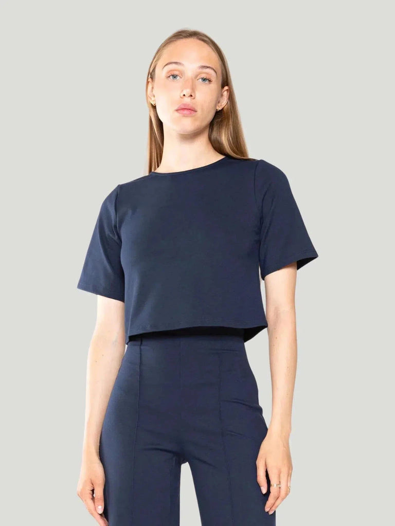 Ripley Rader Short Sleeve Ponte Knit Tee - Knit, l, m, Navy, Philanthropic Brand, s, S/S'22, Shirts, Short Sleeve, Tops, White, Women Owned Bra - Luxury Women's Fashion at Queen Anna House of Fashion