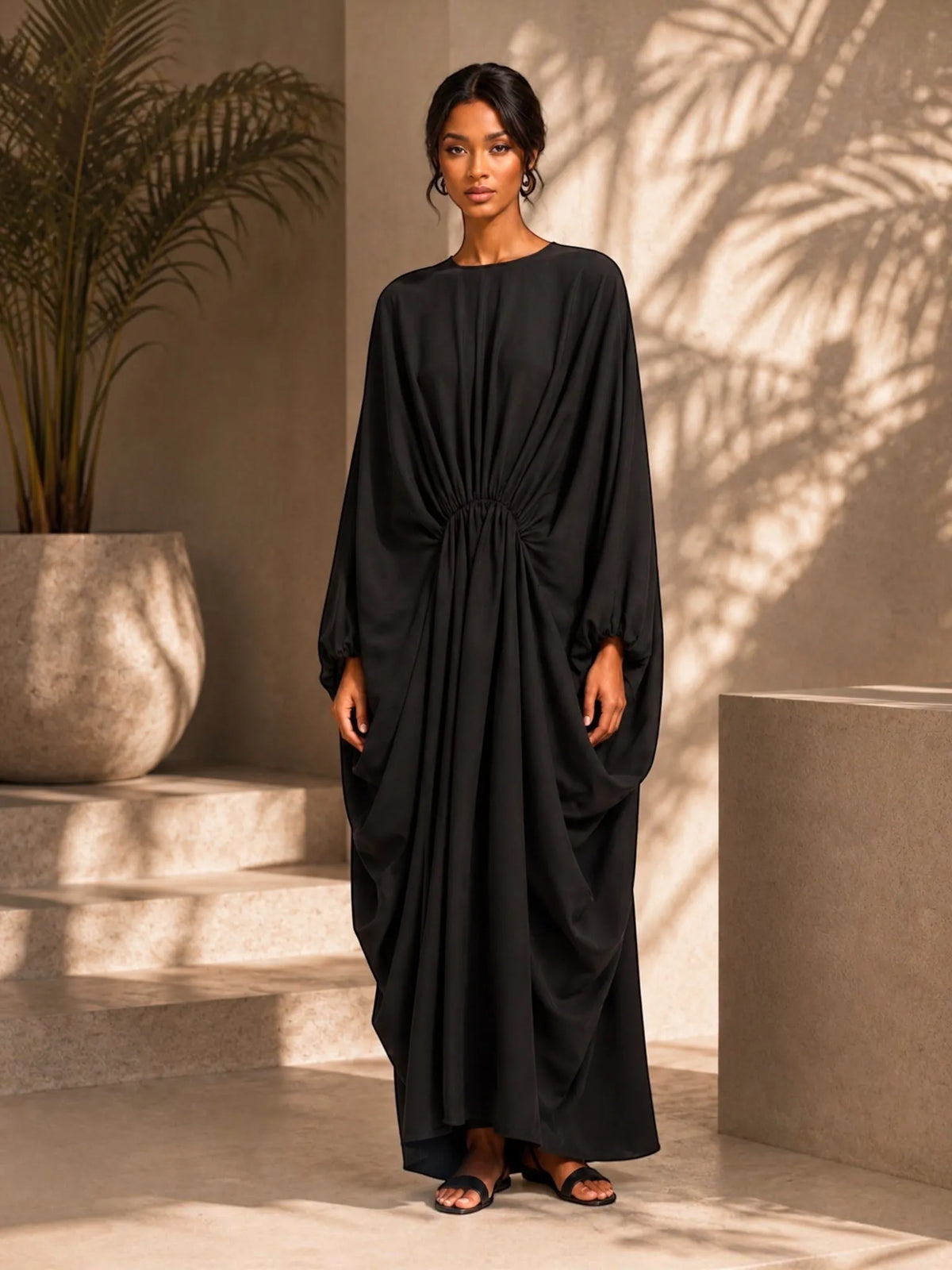 Touché Touché Privé Gathered Japanese Sleeve Dress in Black - Dress | Queen Anna House of Fashion Women's Luxury Fashion