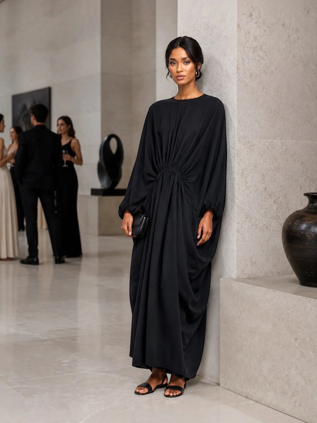 Touché Touché Privé Gathered Japanese Sleeve Dress in Black - Dress | Queen Anna House of Fashion Women's Luxury Fashion