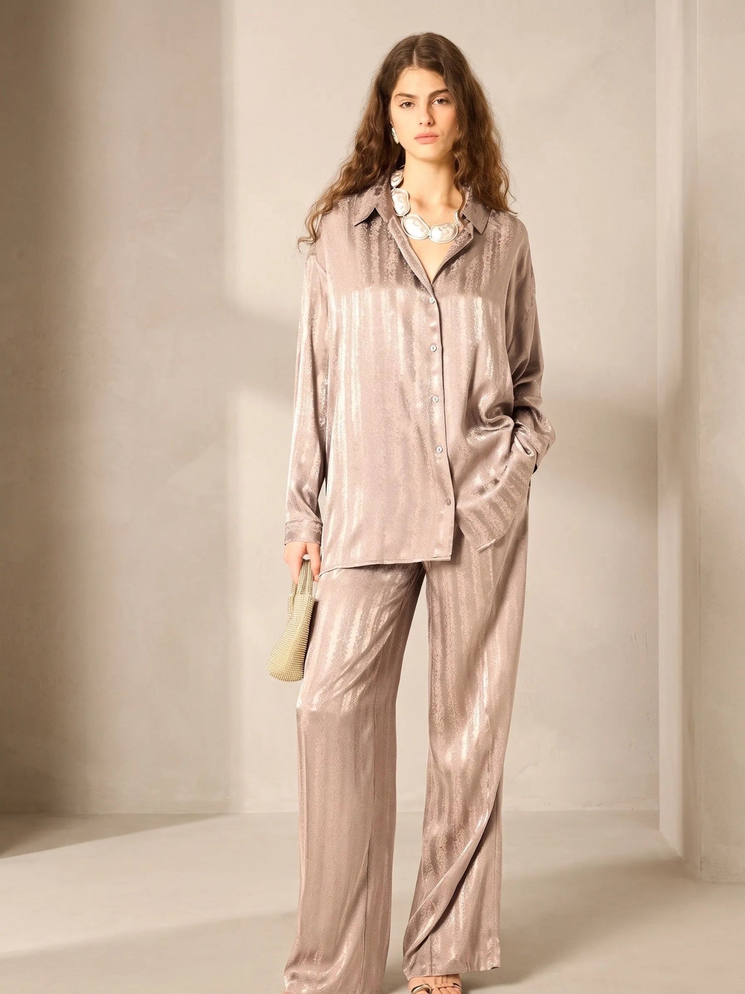 Touché Privé Touché Privé Satin Shirt & Wide-Leg Pants in - Separates | Queen Anna House of Fashion Women's Luxury Fashion