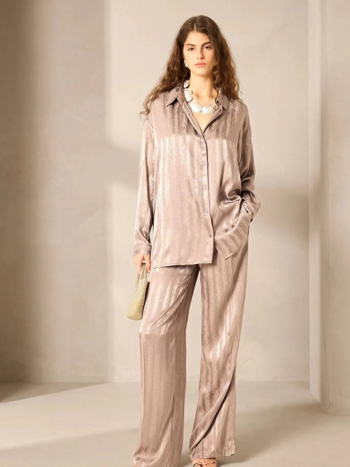 Touché Privé Touché Privé Satin Shirt & Wide-Leg Pants in Taupe - Separates | Queen Anna House of Fashion Women's Luxury Fashion