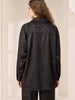 Queen Anna House of Fashion black satin shirt with subtle animal print pattern worn by a model from the back view