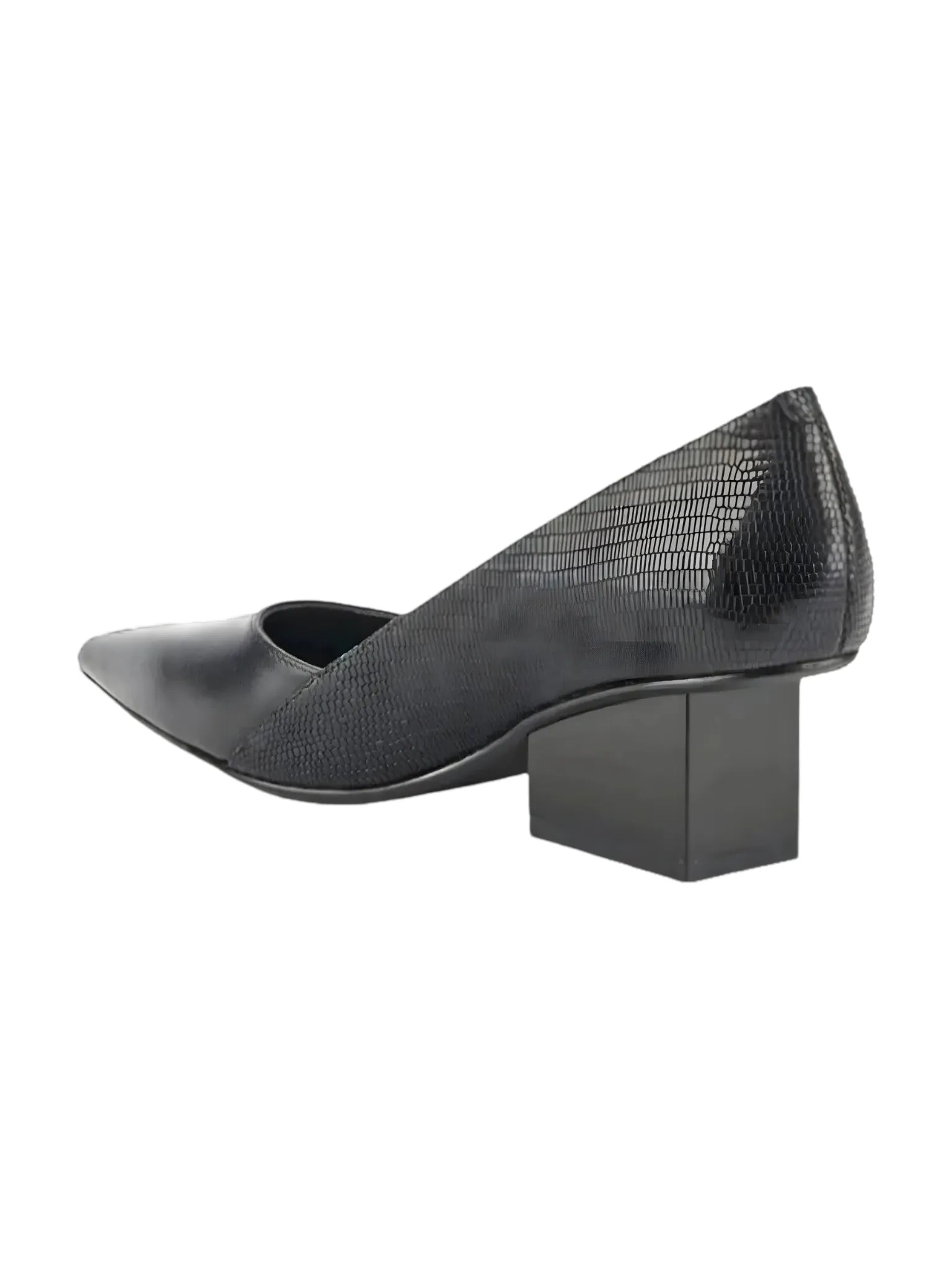 Black embossed leather United Nude Raila Pump with an elongated pointed toe and geometric block heel.