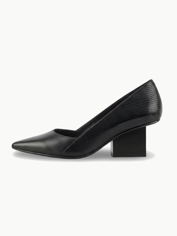 Black embossed leather United Nude Raila Pump with an elongated pointed toe and geometric block heel.
