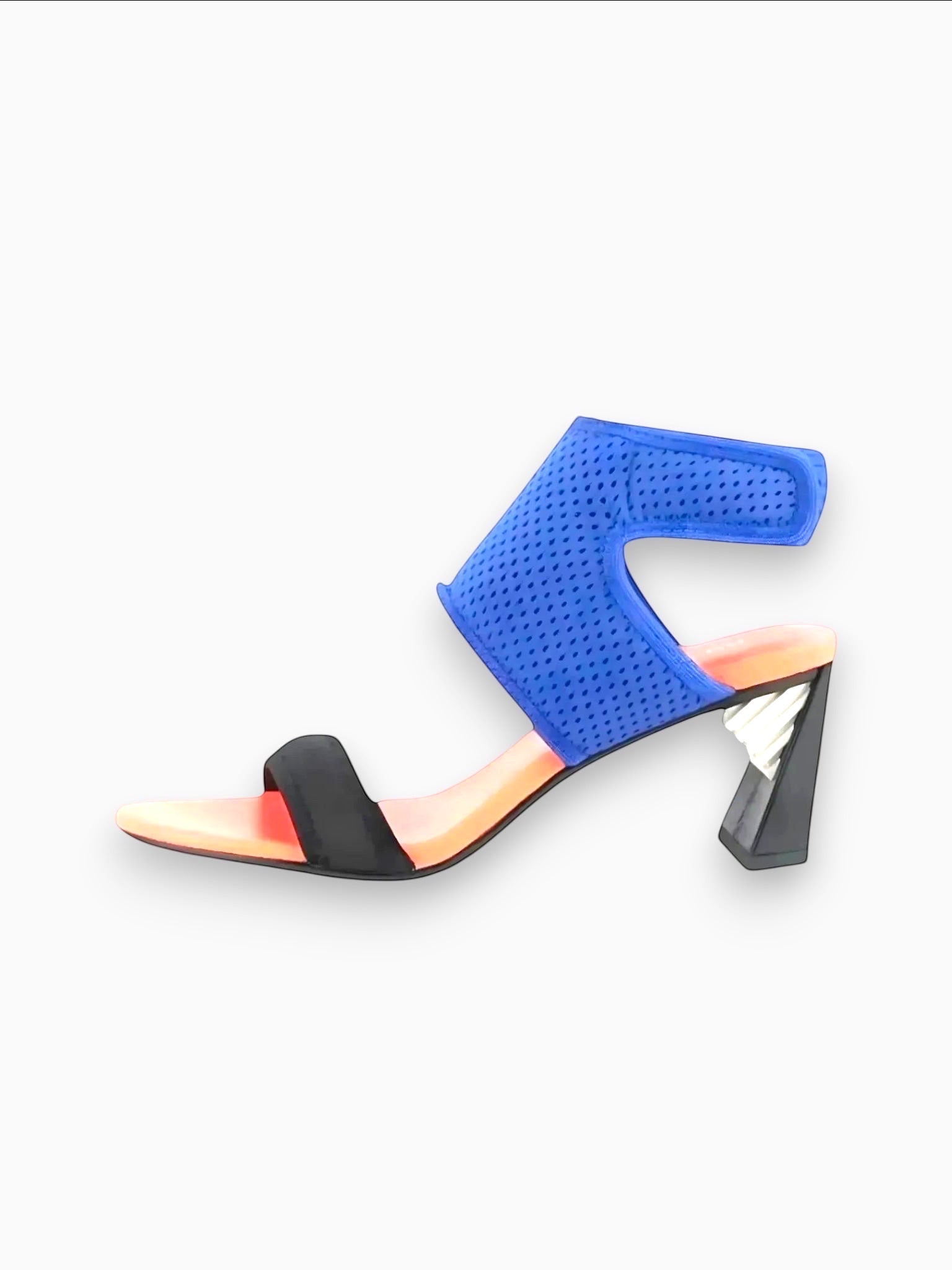 United Nude Sonar Surf Mid sandal: blue neoprene mesh upper, black strap, orange footbed, and architectural heel.