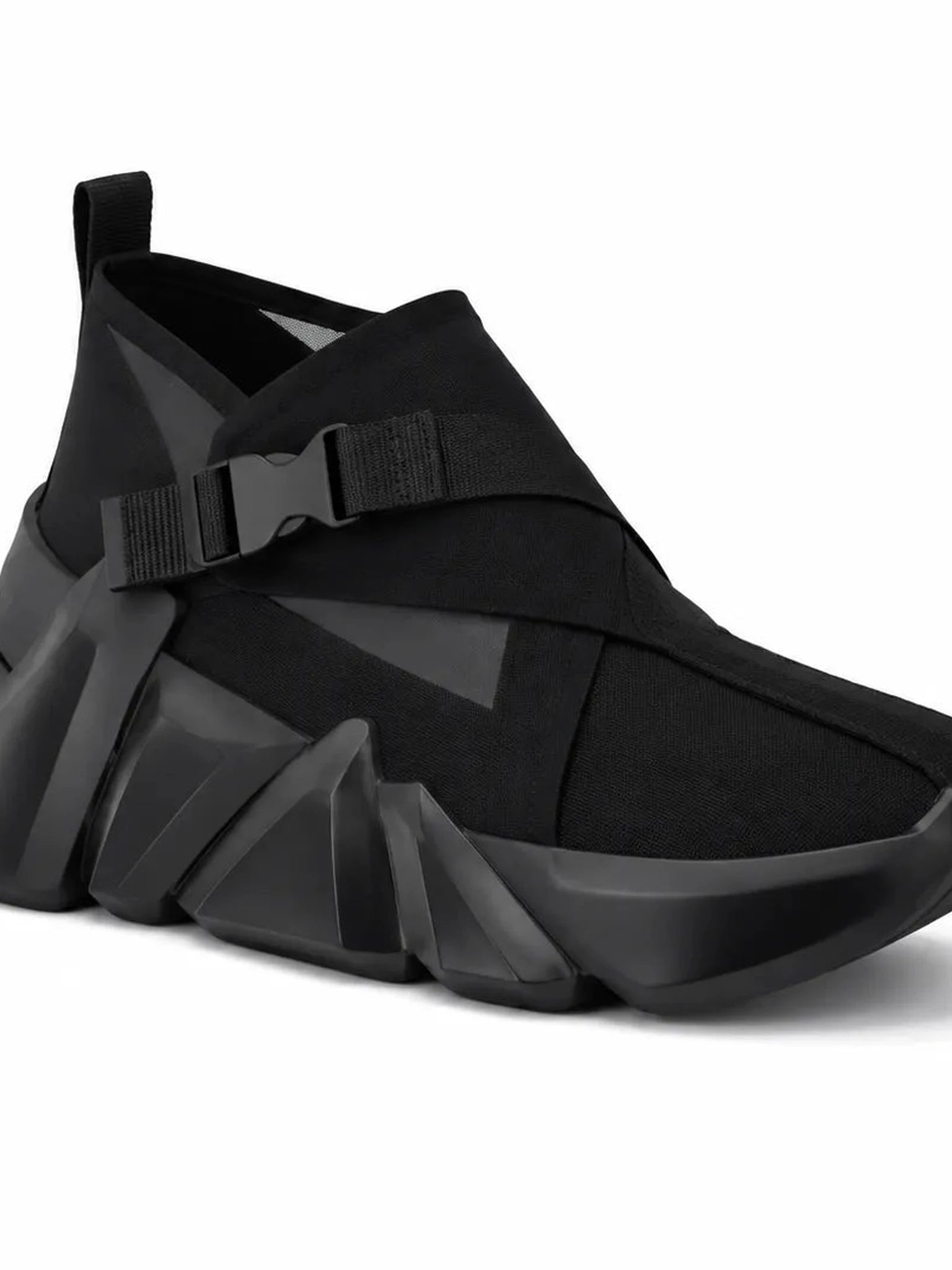 United Nude Space Kick Tek: black Nappa leather sneaker with sculptural 50mm EPR platform outsole and buckle strap.