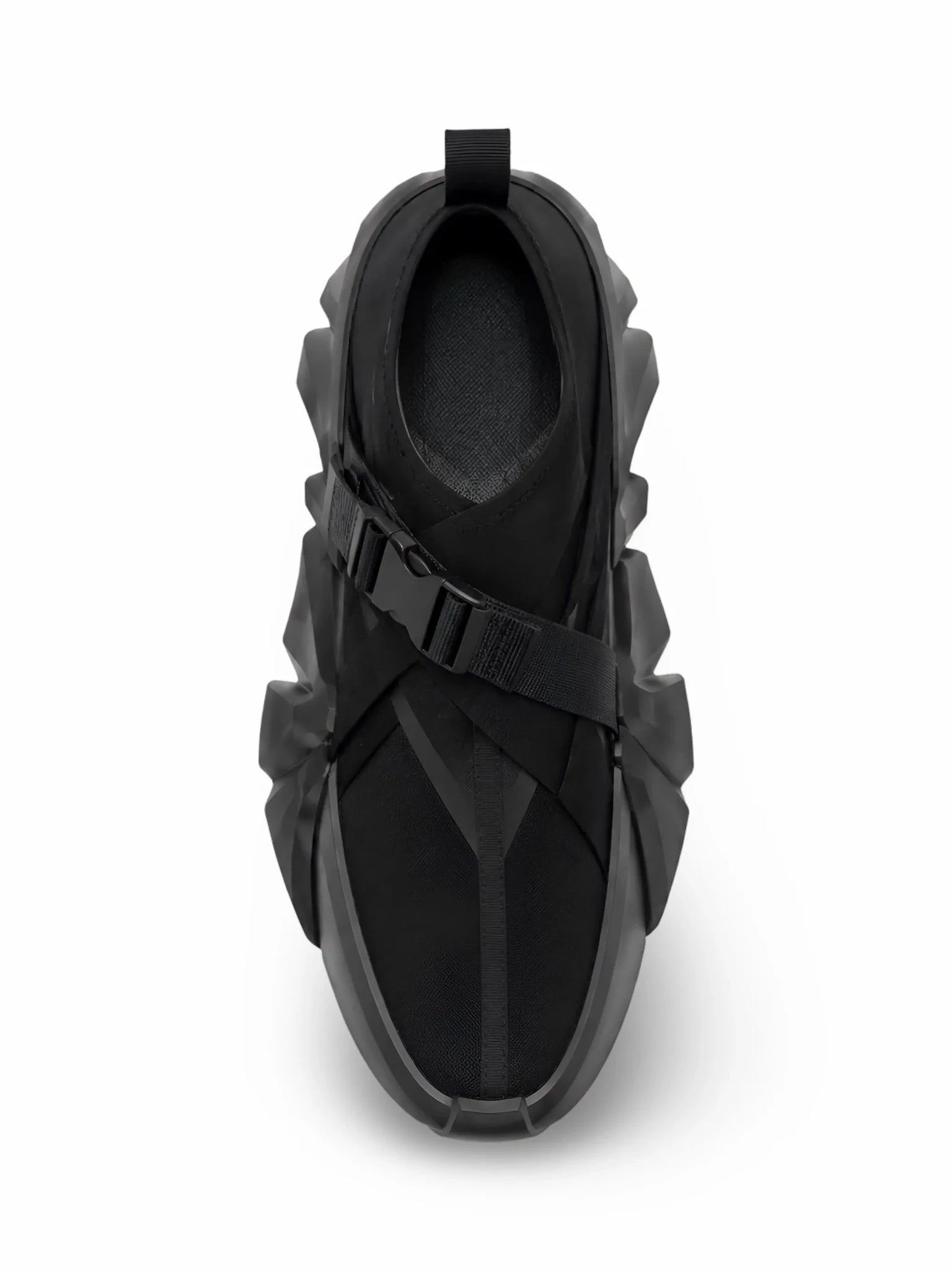 United Nude Space Kick Tek sneaker: black Nappa leather, sculptural EPR outsole, buckle strap.