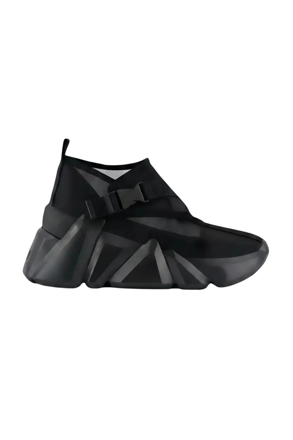 Black Nappa leather United Nude Space Kick Tek sneaker with sculptural ~50mm EPR platform outsole and buckle detail.
