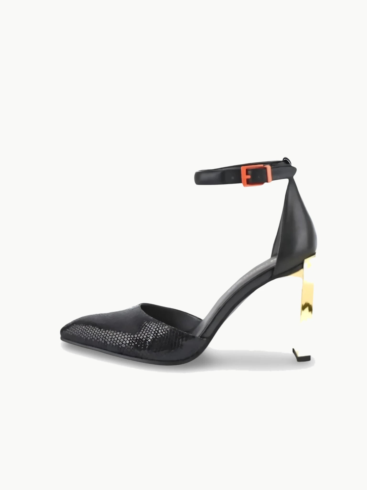 United Nude Tara Dorsey Hi D'Orsay pump: black mixed leather, angular almond toe, adjustable ankle strap with orange buckle, and a slim geometric gold block heel.