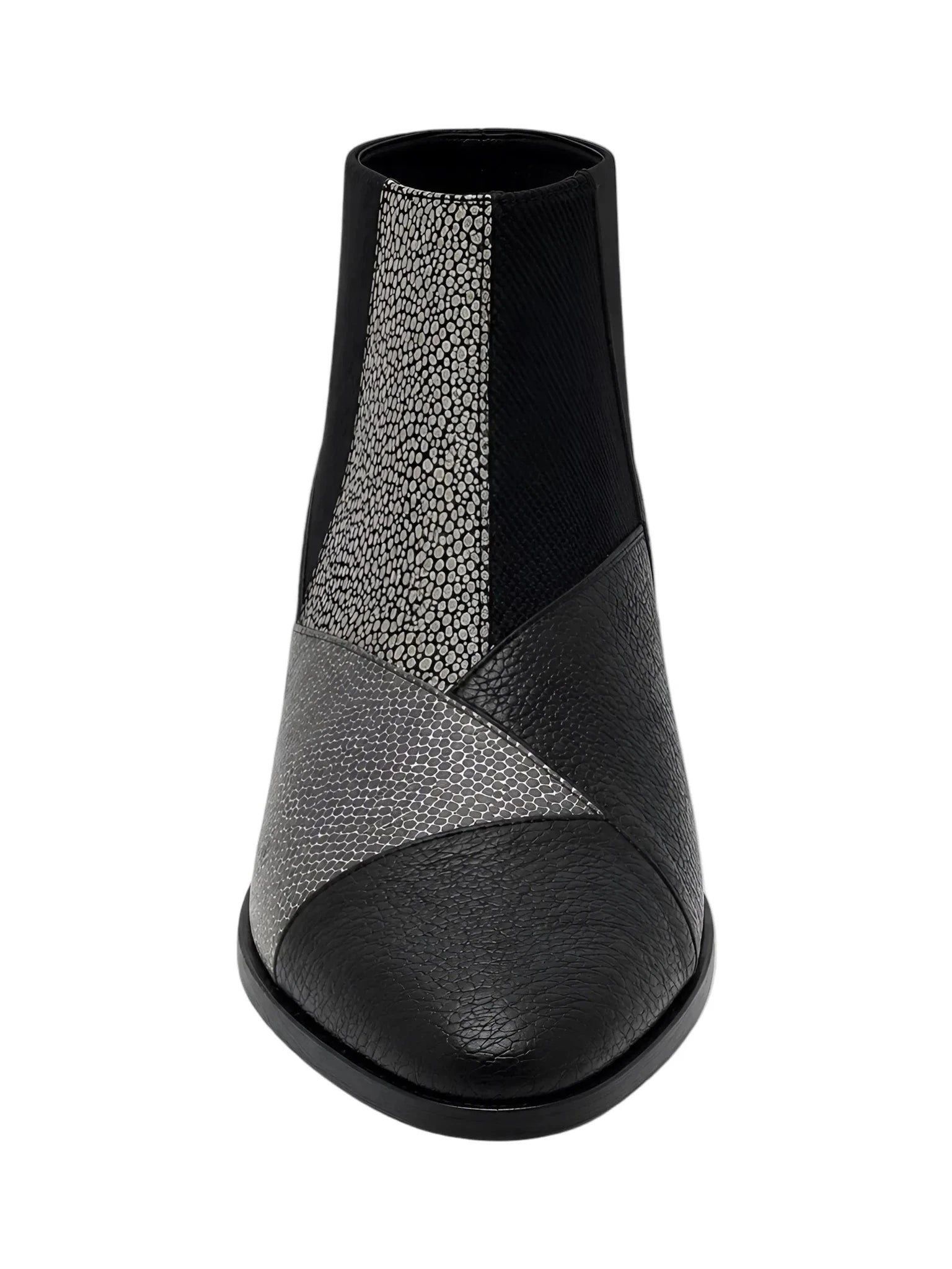 United Nude Zink Patch Booties: architectural black & silver mixed-texture patchwork leather, pointed toe, chunky sole.