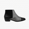 United Nude Zink Patch Booties: Architectural black & silver mixed-texture leather ankle boots with chunky rubber sole.