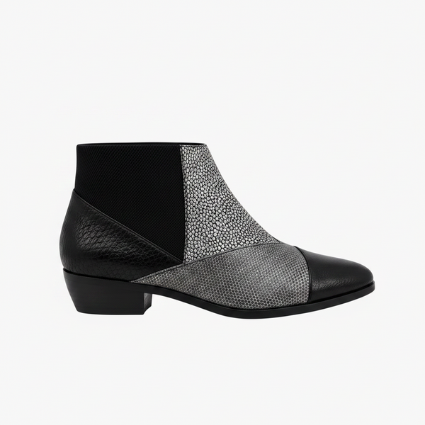 United Nude Zink Patch Booties: Architectural black & silver mixed-texture leather ankle boots with chunky rubber sole.