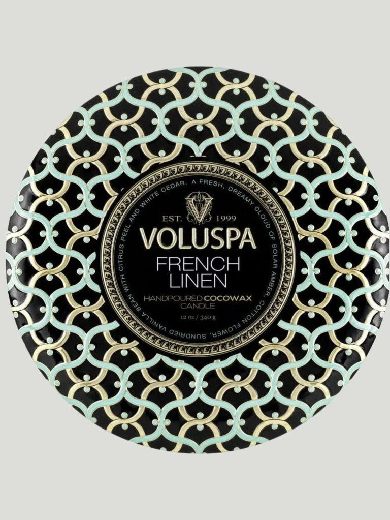 Voluspa French Linen 3 Wick Tin Candle - Candles, F/W'21, Lip Gloss, Small Goods, US Based Brand, US Owned Brand, Women Owned Brand - Luxury Women's Fashion at Queen Anna House of Fashion
