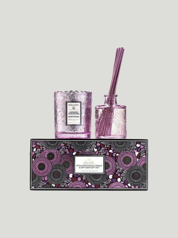 Voluspa Japanese Plum Bloom Candle Diffuser Gift Set - Candles, F/W'21, Small Goods, US Based Brand, US Owned Brand, Women Owned Brand - Luxury Women's Fashion at Queen Anna House of Fashion