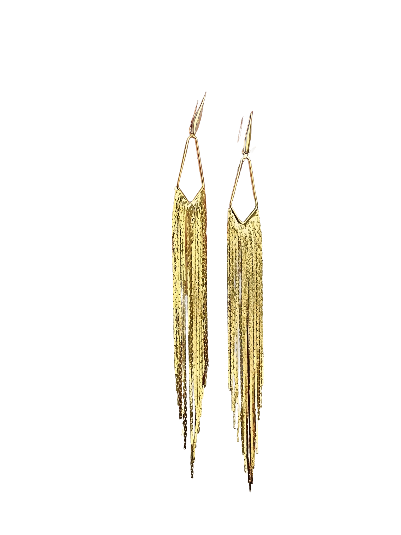 Gold fringe earrings on a white background