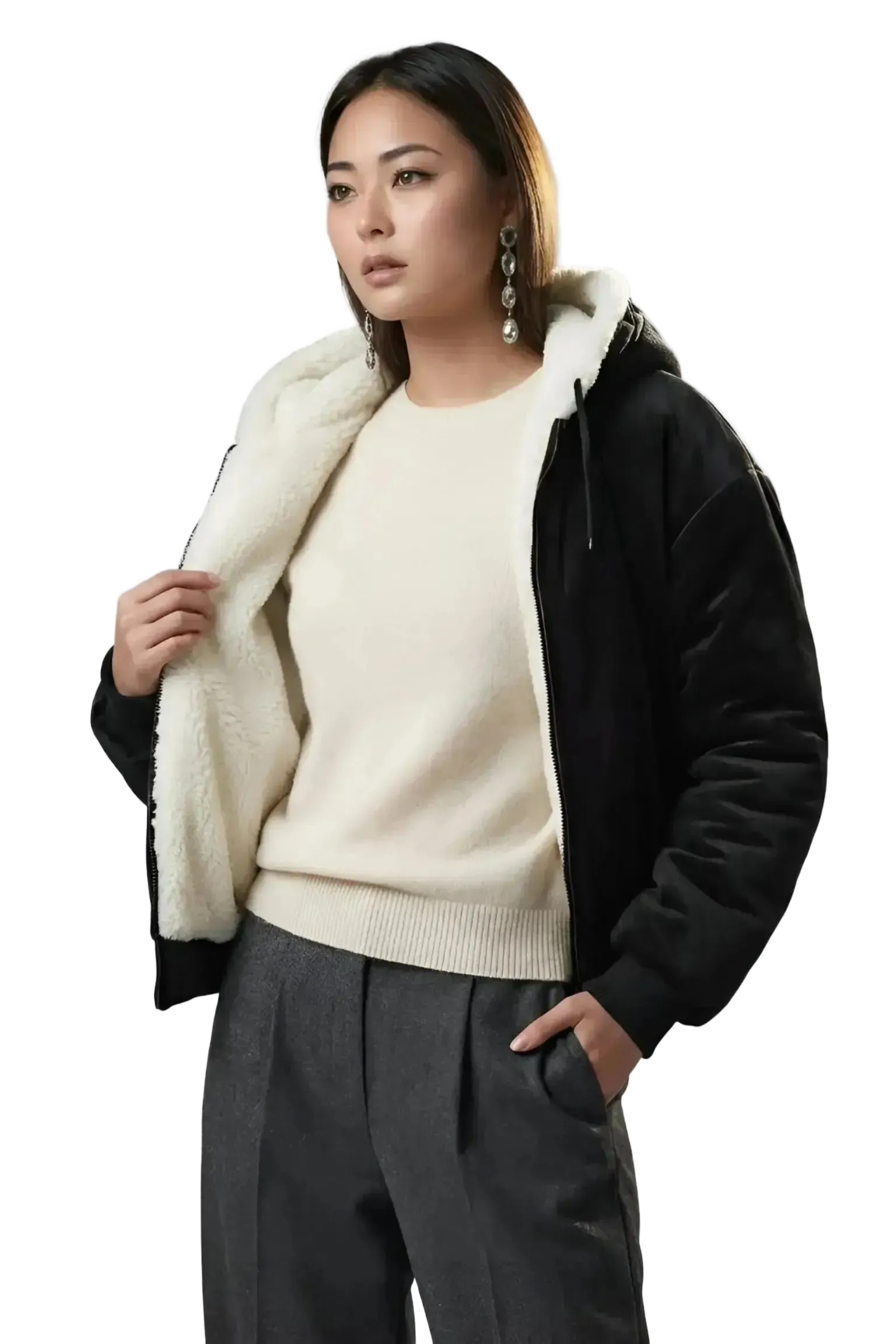 Blanc Noir Blanc Noir Luxe Faux Shearling Reversible Hoodie in S - Outerwear | Queen Anna House of Fashion Women's Luxury Fashion