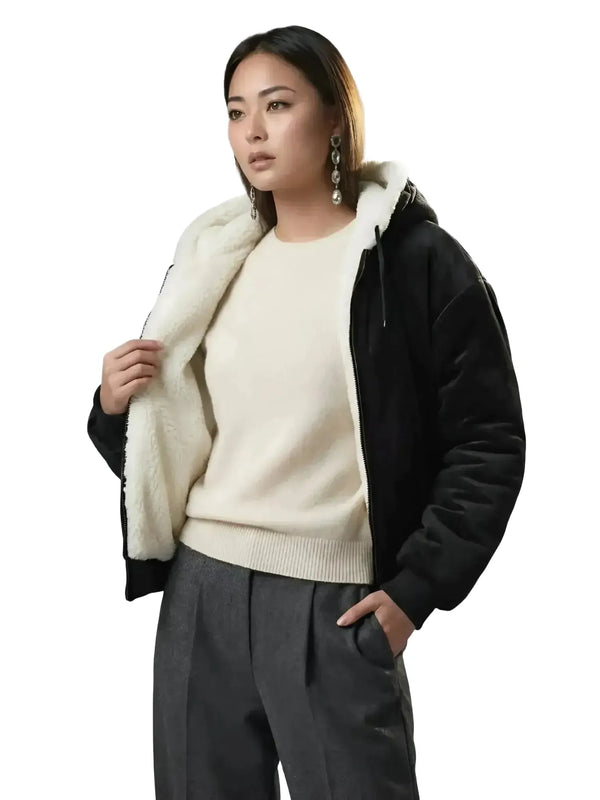Blanc Noir Blanc Noir Luxe Faux Shearling Reversible Hoodie in S - Outerwear | Queen Anna House of Fashion Women's Luxury Fashion