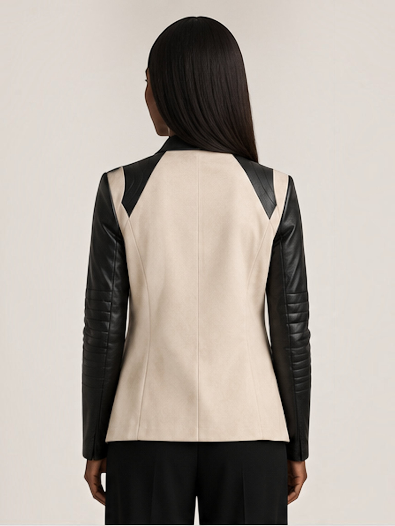 Blanc Noir Drape Front Jacket in taupe with black contrast sleeves, back view on model