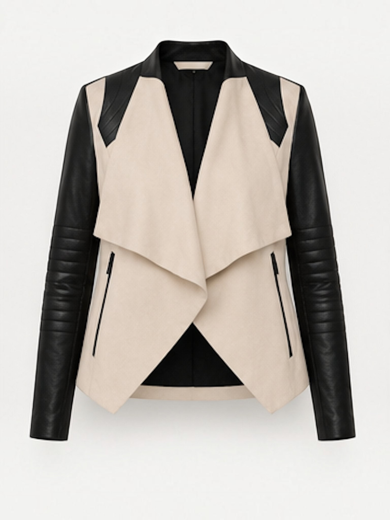 Blanc Noir Drape Front Jacket in taupe with black contrast sleeves, product-only front view
