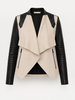 Blanc Noir Drape Front Jacket in taupe with black contrast sleeves, product-only front view