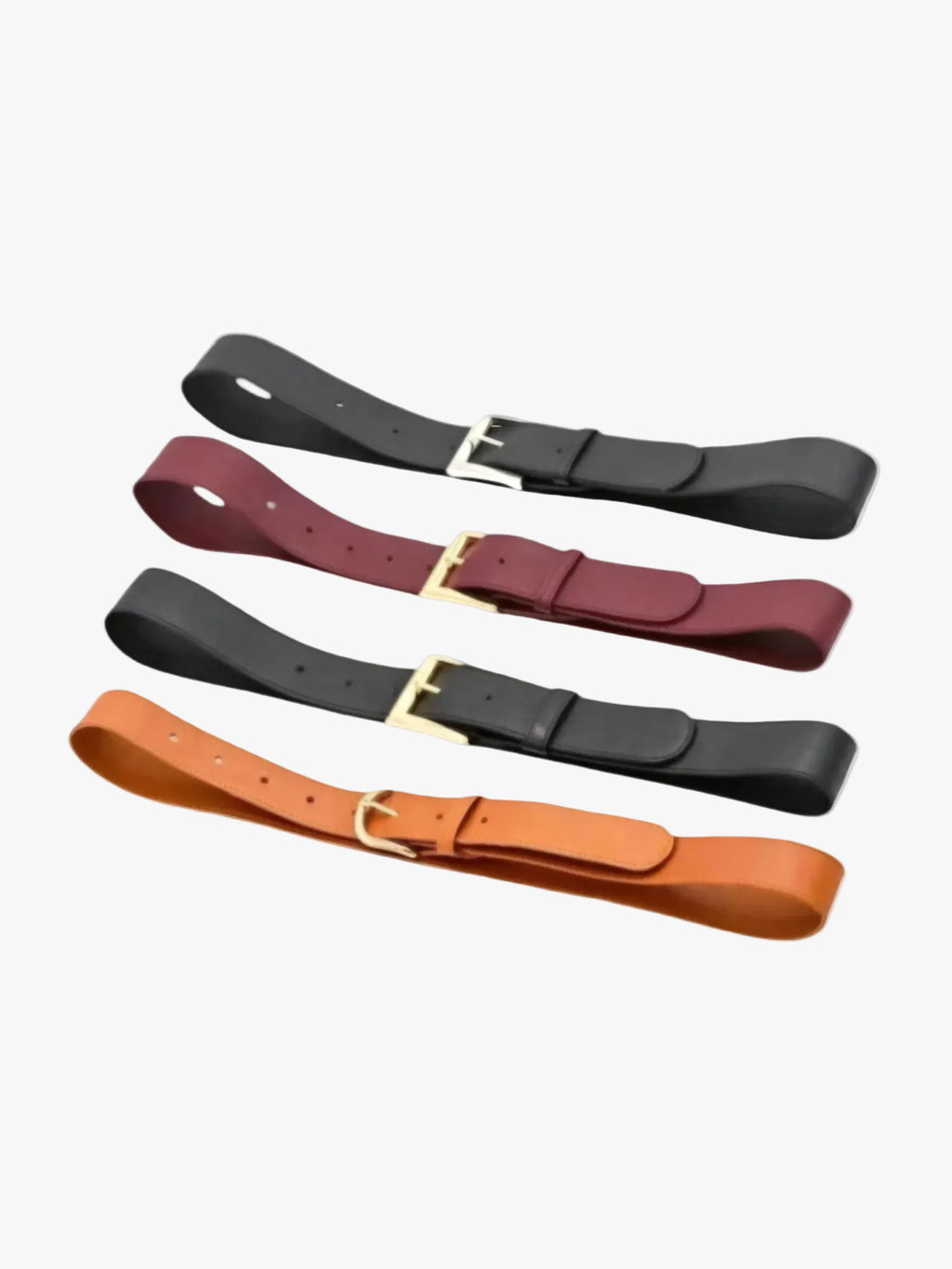 Four belts in black, red, and orange on a white background
