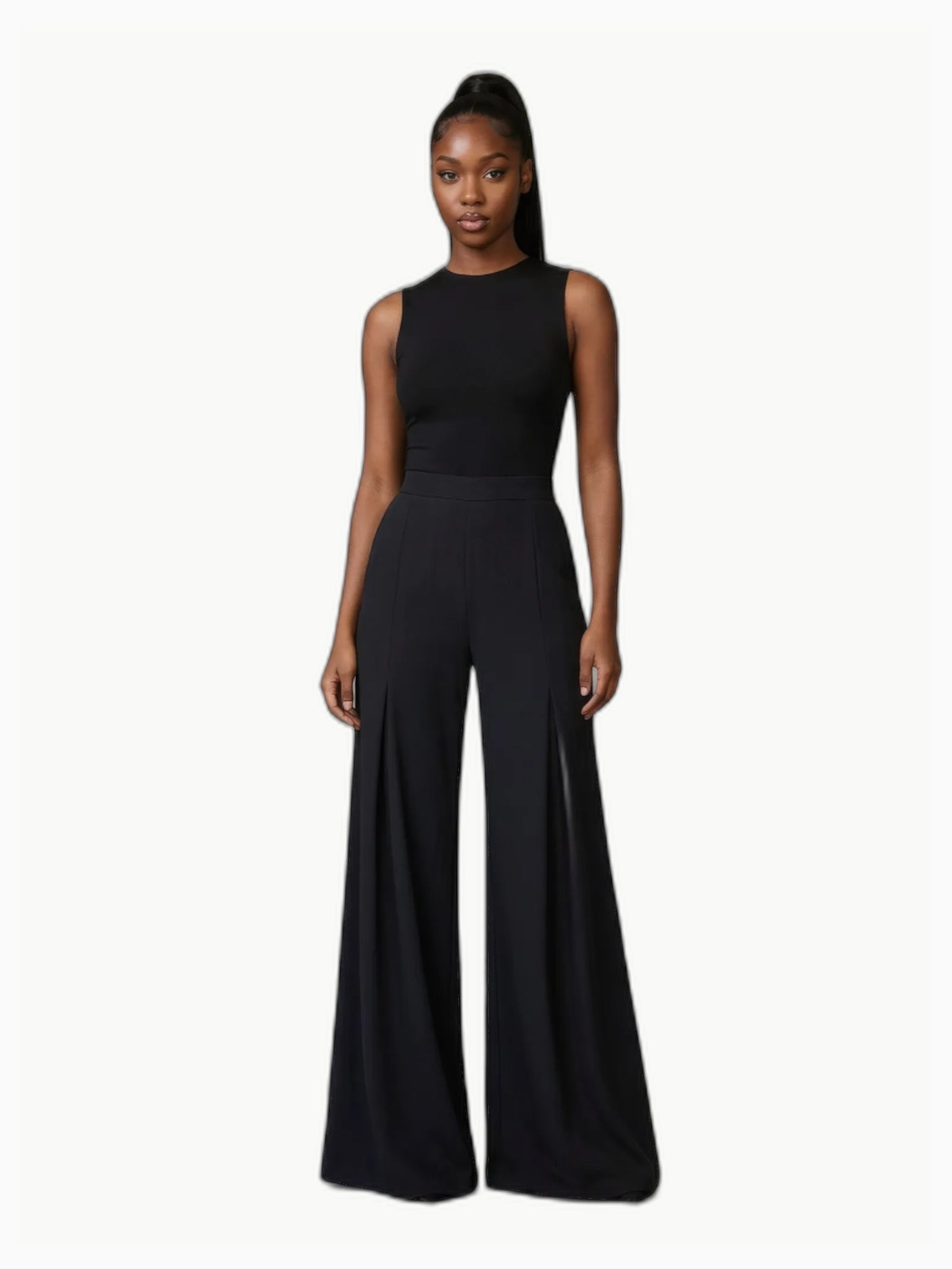 Model standing in Article X Black Wide Leg Pant and sleeveless black top, front product shot