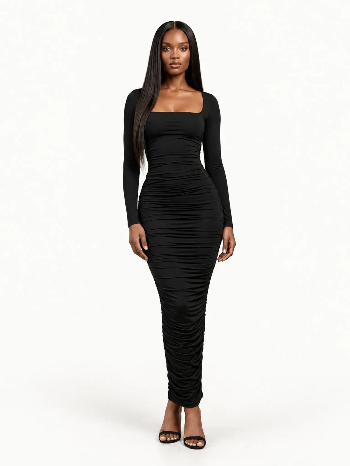 GOOD AMERICAN Ruched Squareneck Maxi Dress Black Hero