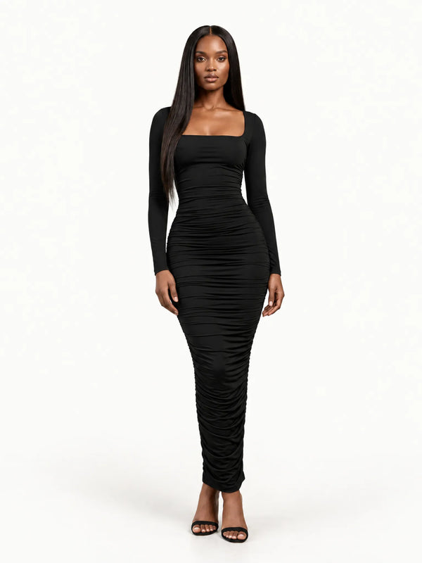 GOOD AMERICAN Ruched Squareneck Maxi Dress Black Hero