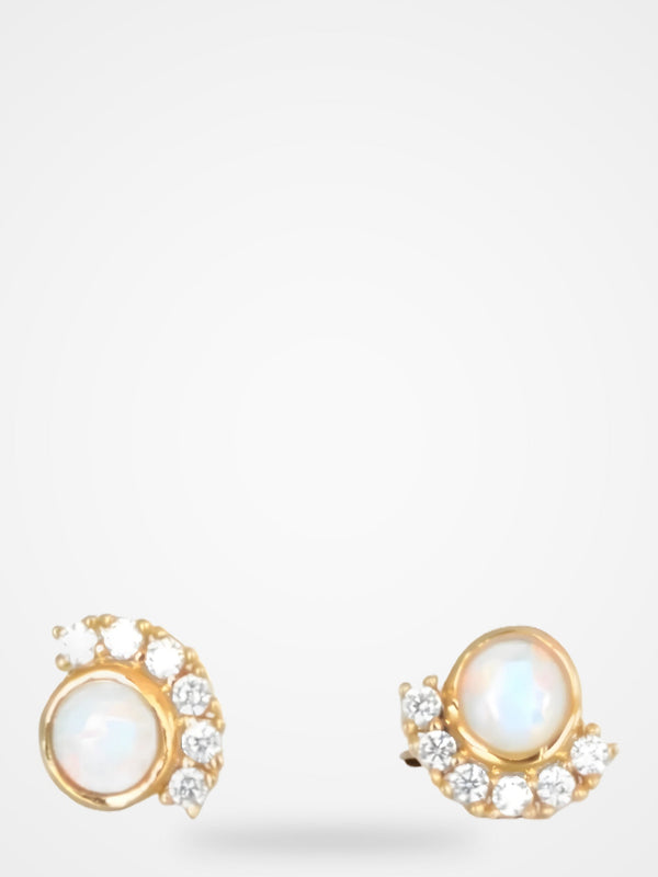 Gold earrings with opal stones on a white background