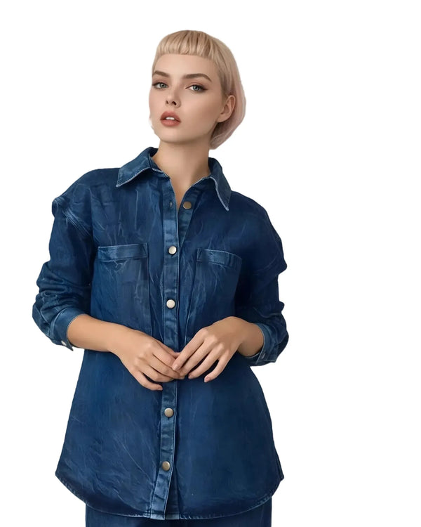 LAUDE the Label Washed Denim Boyfriend Shirt - Queen Anna House of Fashion