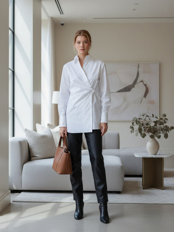 Model wearing Article X White The Wrap Button Down Shirt in a modern interior, lifestyle view