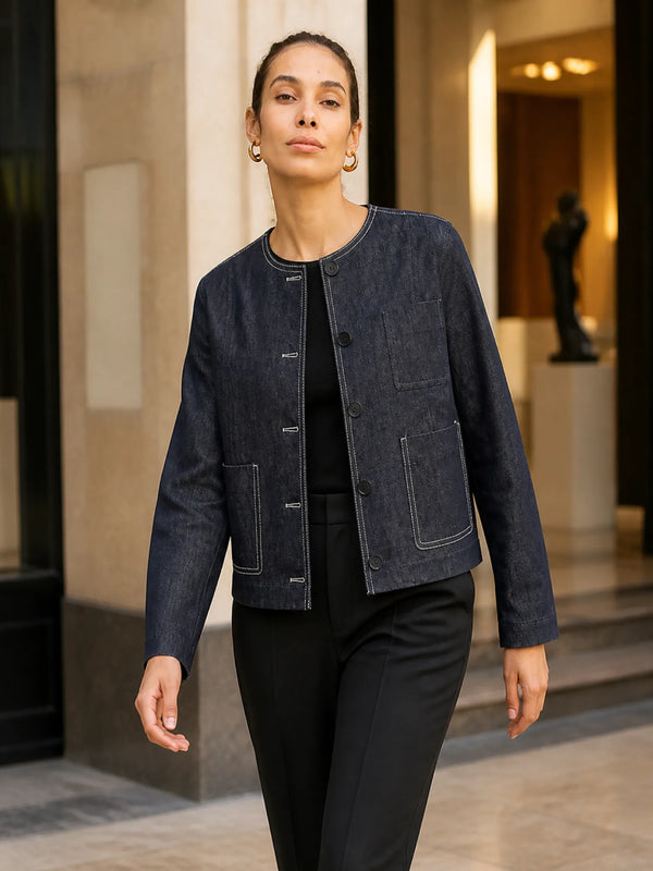 M.M.LaFleur Kane Cropped Stretch Denim Jacket Blue Lifestyle