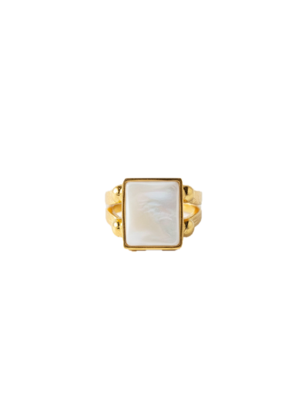 Gold ring with a rectangular stone on a white background