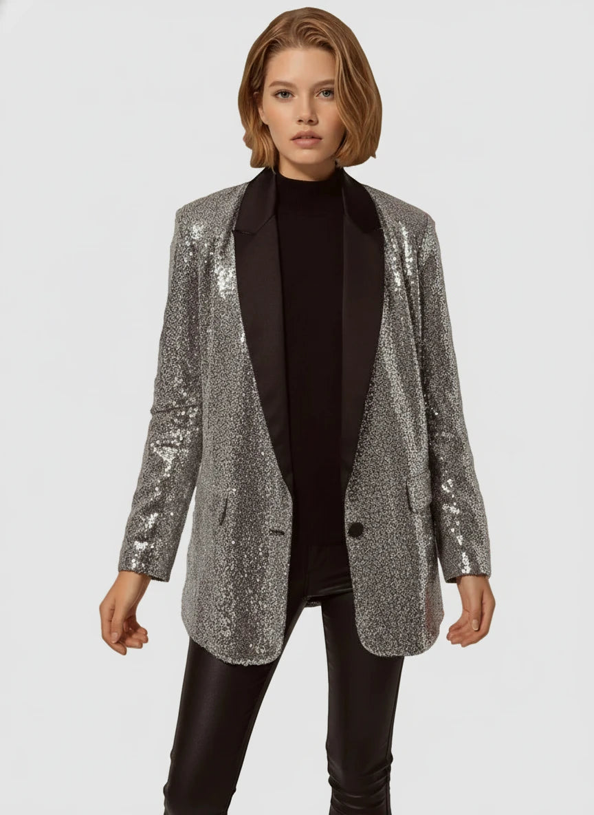 Q2 Q2 Silver Sequin Tuxedo Blazer in S - Outerwear | Queen Anna House of Fashion Women's Luxury Fashion