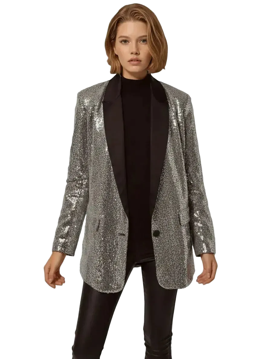 Q2 Q2 Silver Sequin Tuxedo Blazer in S - Outerwear | Queen Anna House of Fashion Women's Luxury Fashion