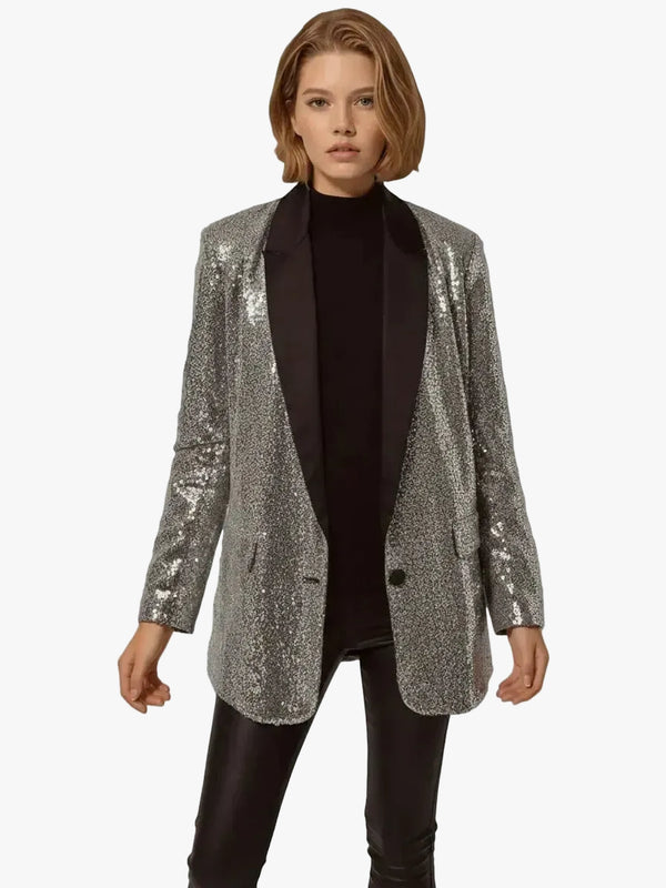 Q2 Q2 Silver Sequin Tuxedo Blazer in S - Outerwear | Queen Anna House of Fashion Women's Luxury Fashion