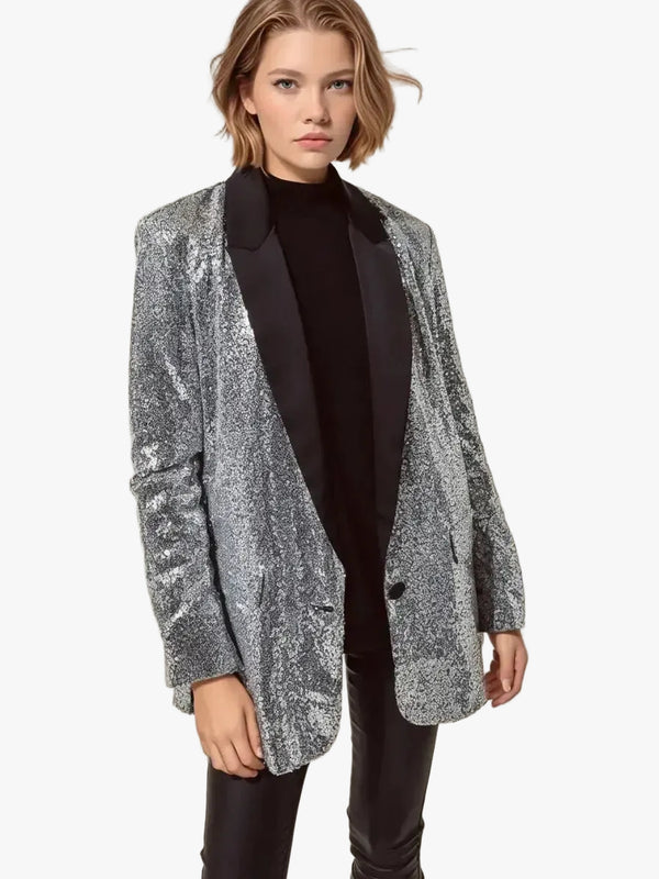 Q2 Q2 Silver Sequin Tuxedo Blazer in S - Outerwear | Queen Anna House of Fashion Women's Luxury Fashion