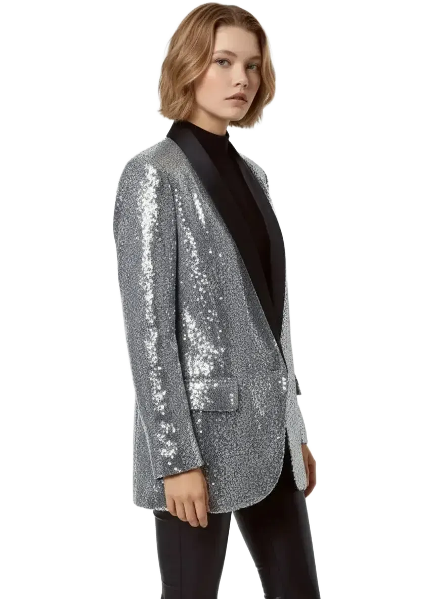 Q2 Q2 Silver Sequin Tuxedo Blazer in S - Outerwear | Queen Anna House of Fashion Women's Luxury Fashion
