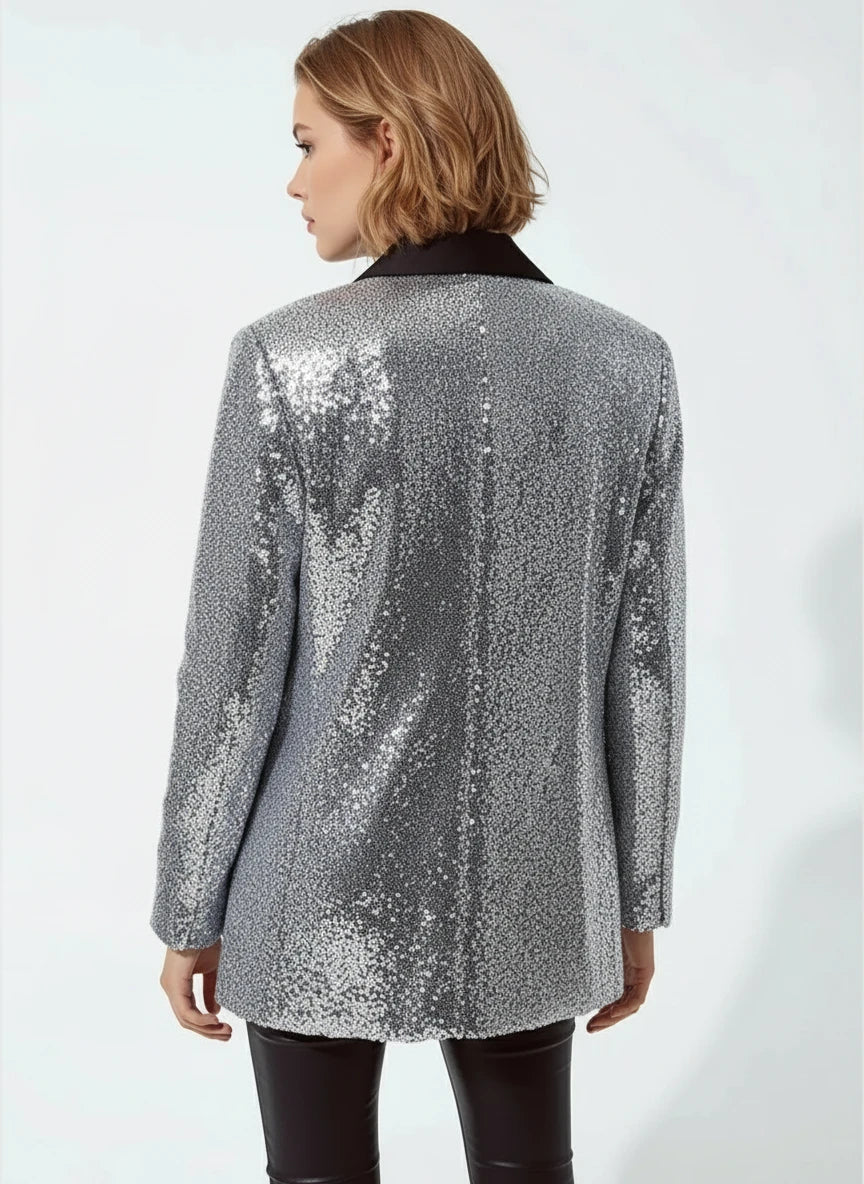 Q2 Q2 Silver Sequin Tuxedo Blazer in S - Outerwear | Queen Anna House of Fashion Women's Luxury Fashion