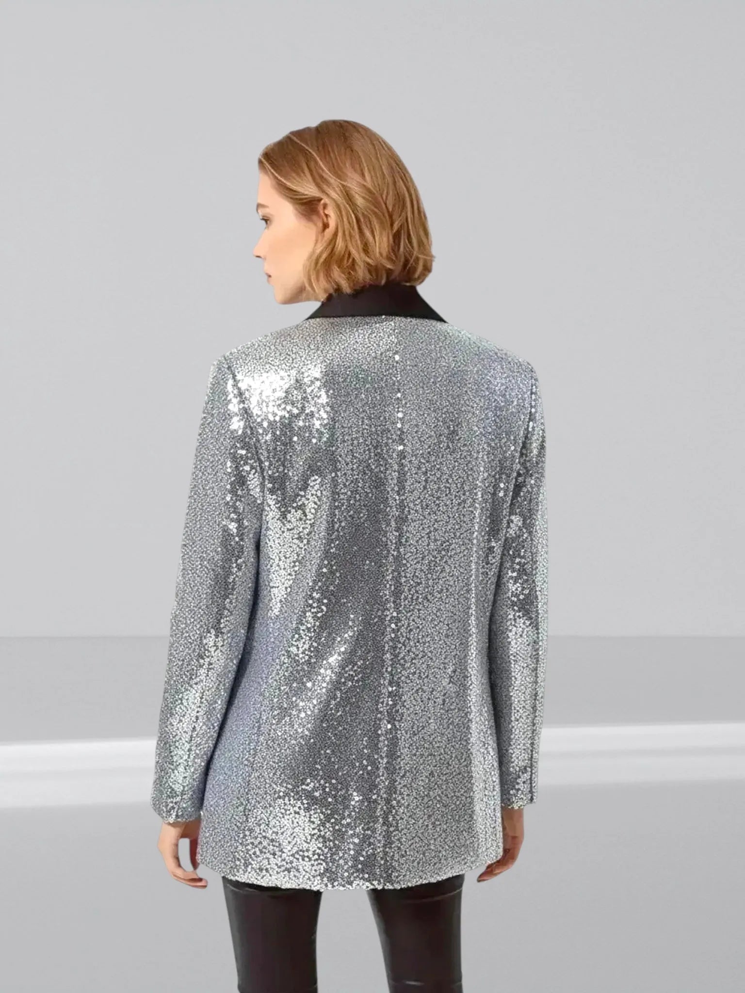 Q2 Q2 Silver Sequin Tuxedo Blazer in Silver - Outerwear | Queen Anna House of Fashion Women's Luxury Fashion