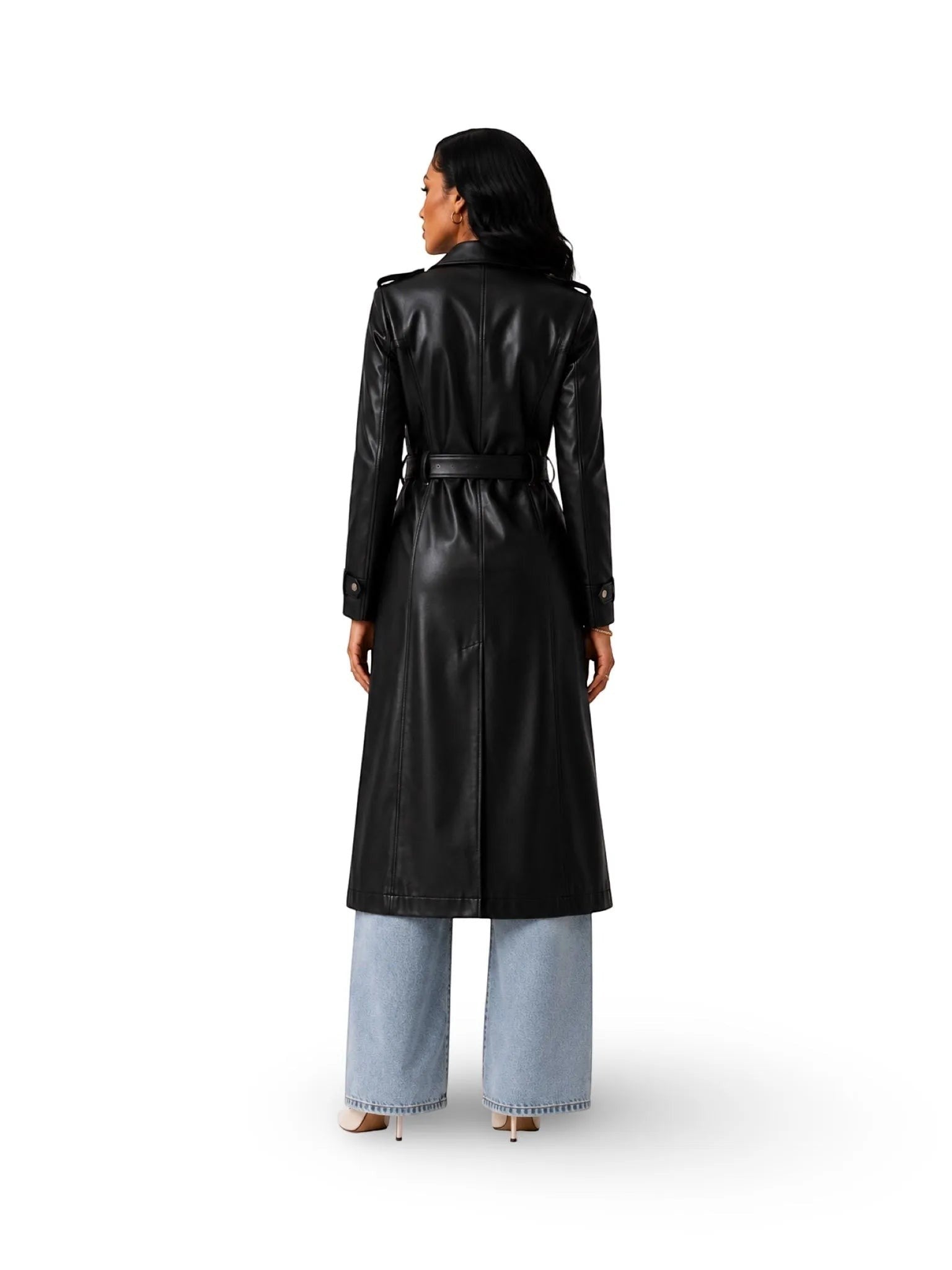 Queen Anna House of Fashion Azalea Wang BUTTERCUP black vegan leather trench coat with belted waist and structured collar.