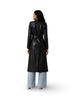 Queen Anna House of Fashion Azalea Wang BUTTERCUP black vegan leather trench coat with belted waist and structured collar.