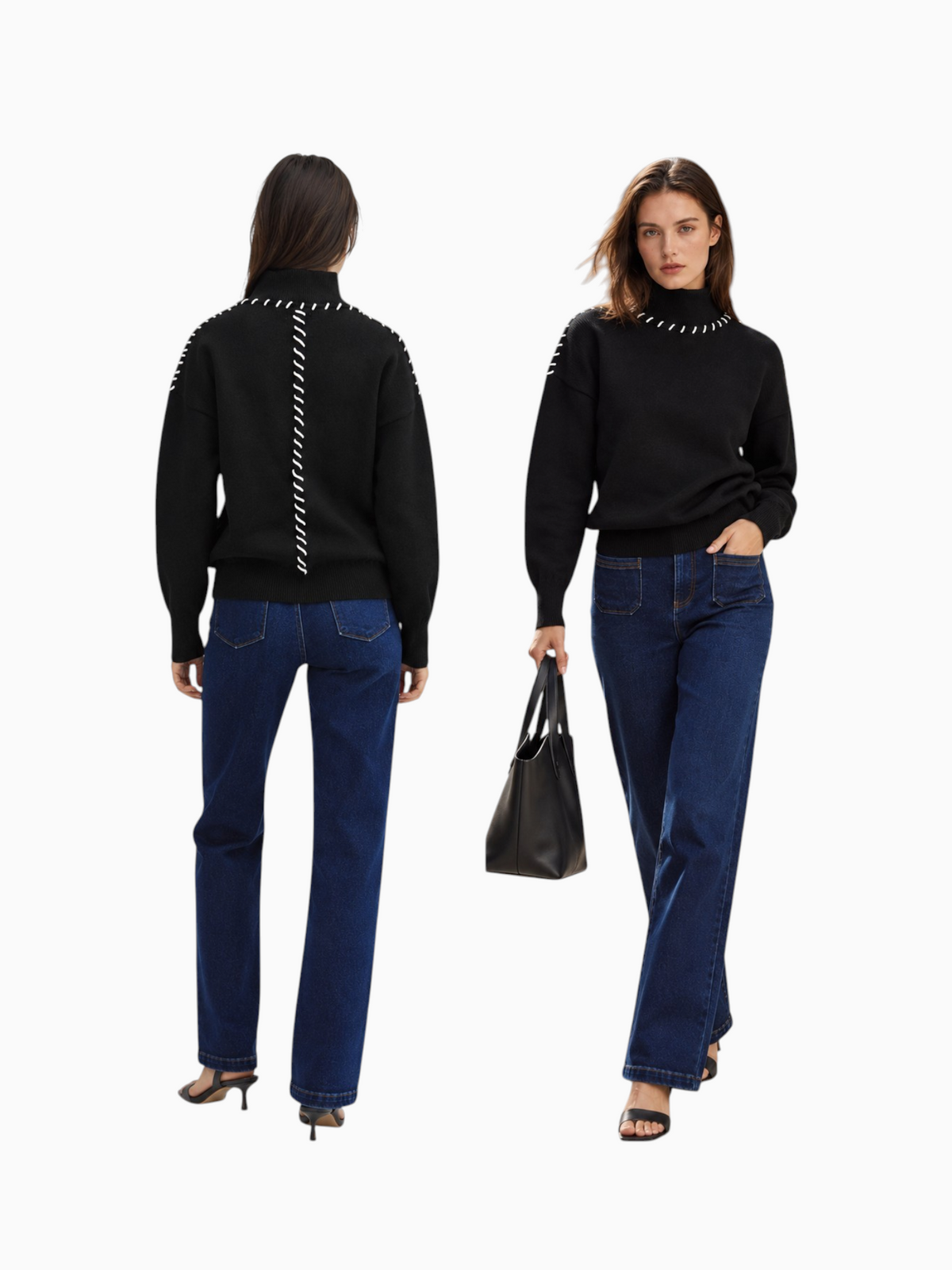 Queen Anna House of Fashion black knit sweater featuring white contrast stitching on shoulders and back, worn with jeans.