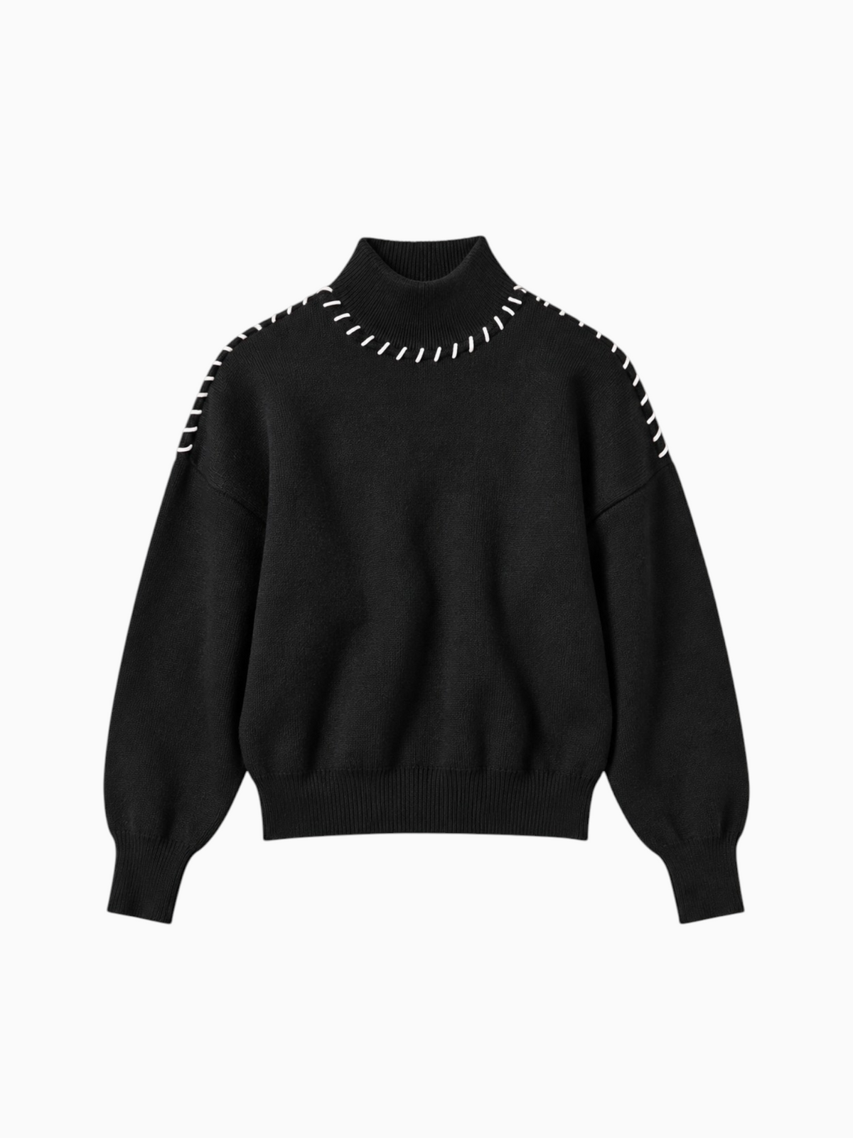 Queen Anna House of Fashion black knit sweater with white contrast stitching on the shoulders and mock neck