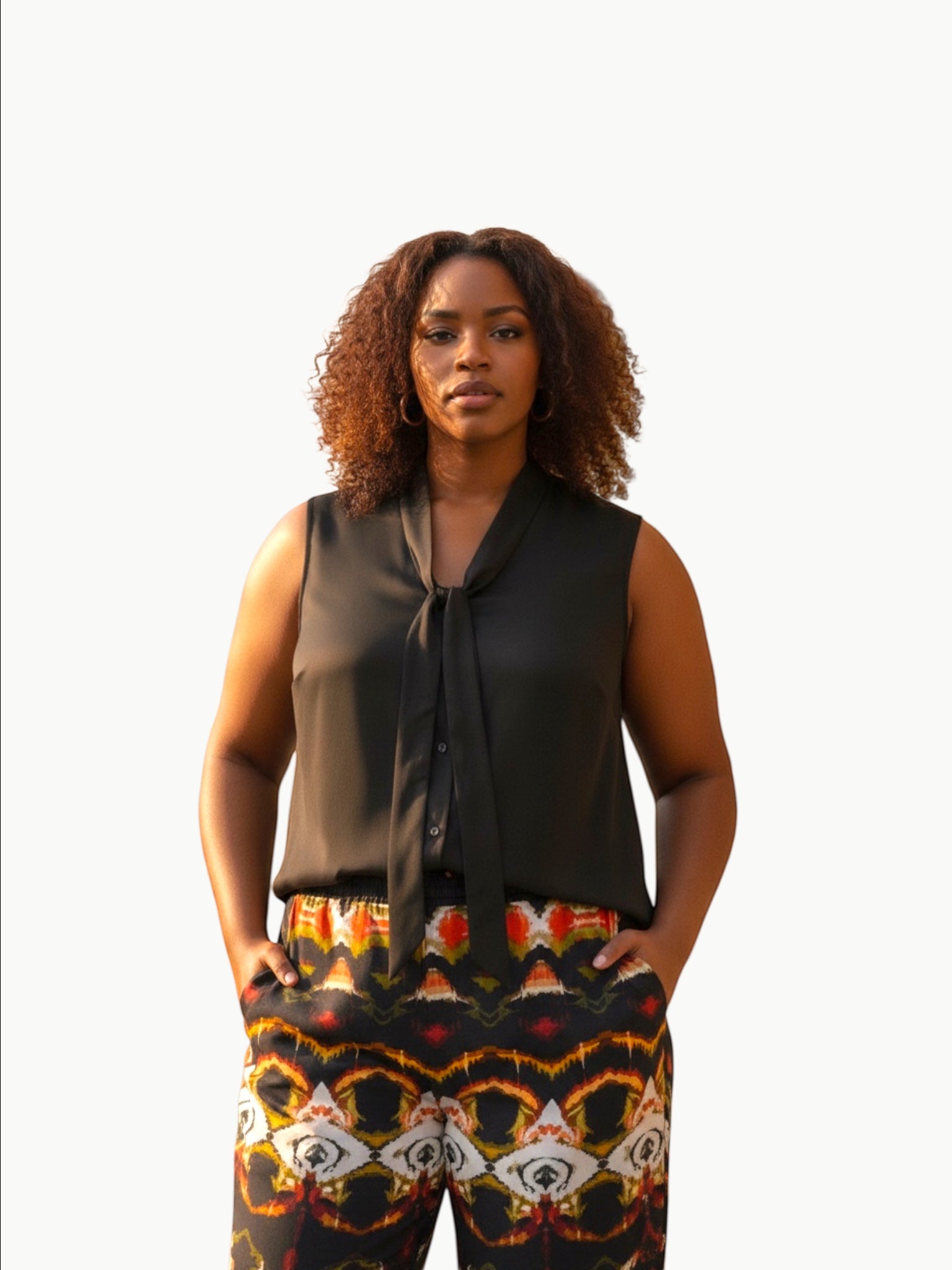 Queen Anna House of Fashion model wearing a black sleeveless Universal Standard Brava cupro blouse with a tie neck.