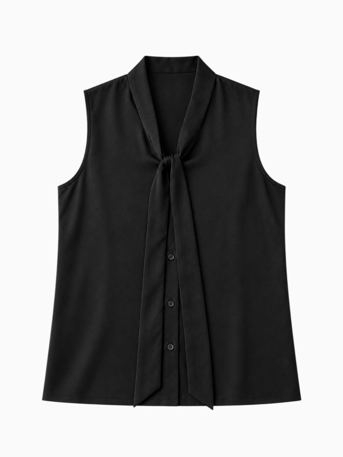 Queen Anna House of Fashion black sleeveless Brava Cupro blouse with a tie-neck detail and button-front closure.