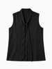 Queen Anna House of Fashion black sleeveless Brava Cupro blouse with a tie-neck detail and button-front closure.